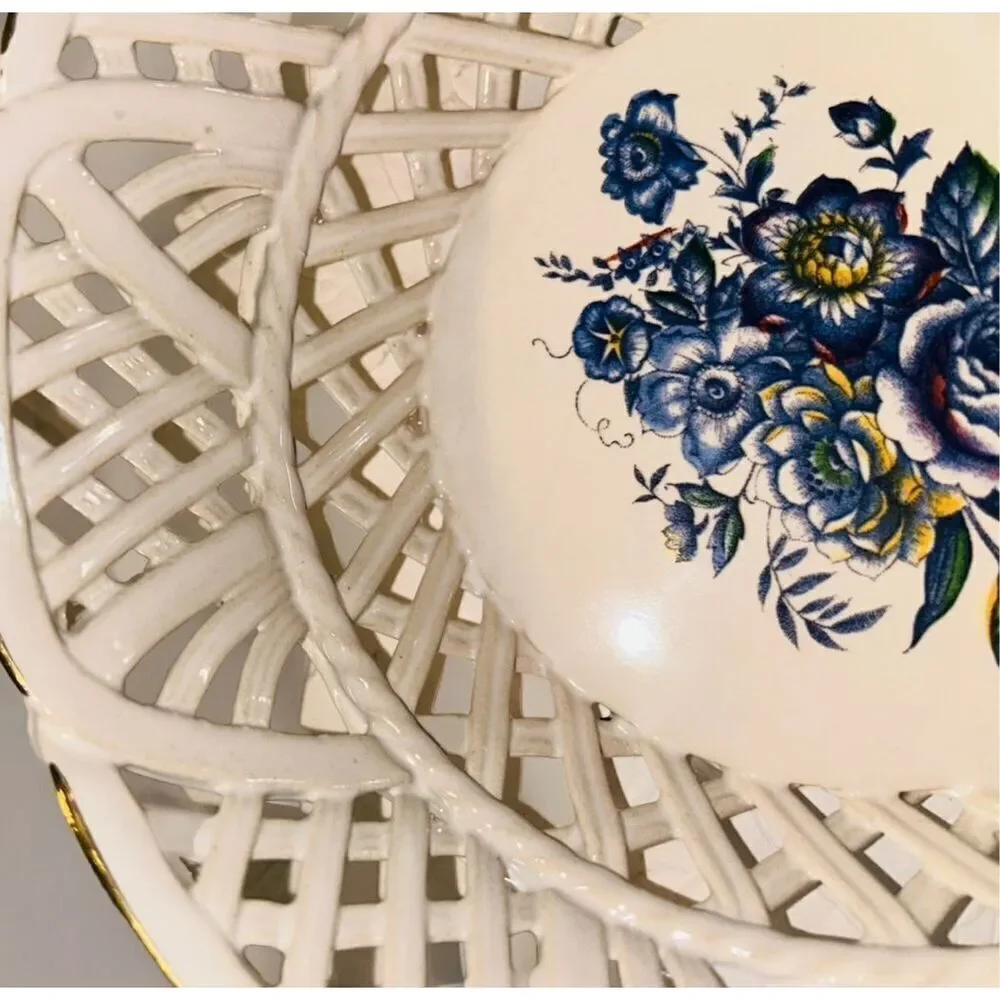 White Round Woven Latticed Ceramic Basket  Bowl Open Weave Set Of 2